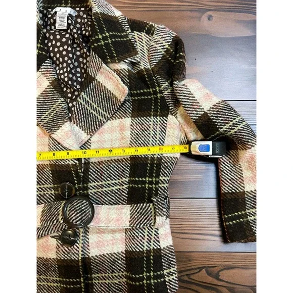Women’s Cabi Jacket Light Pink Brown Plaid Coat Button Up Collared Wool Belt 12 - Picture 3 of 5